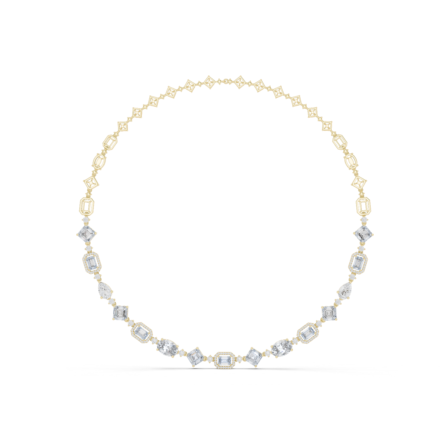 Yellow gold diamond collar necklace with oval and baguette-cut stones