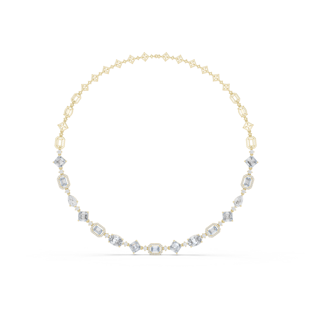 Yellow gold diamond collar necklace with oval and baguette-cut stones