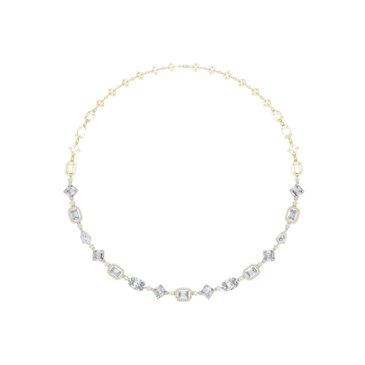 Yellow gold diamond collar necklace with oval and baguette-cut stones