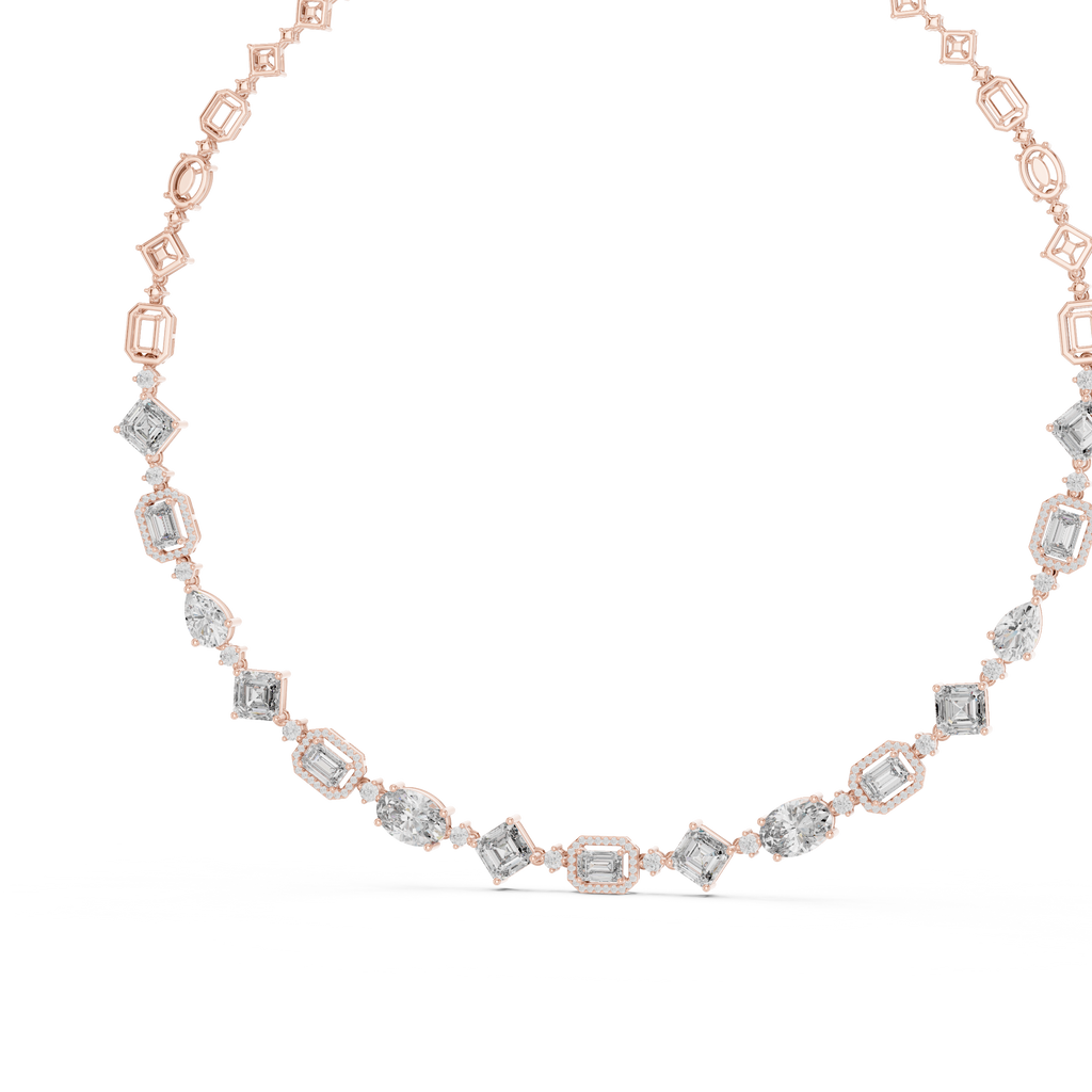 Rose gold diamond necklace close-up of oval and baguette-cut links