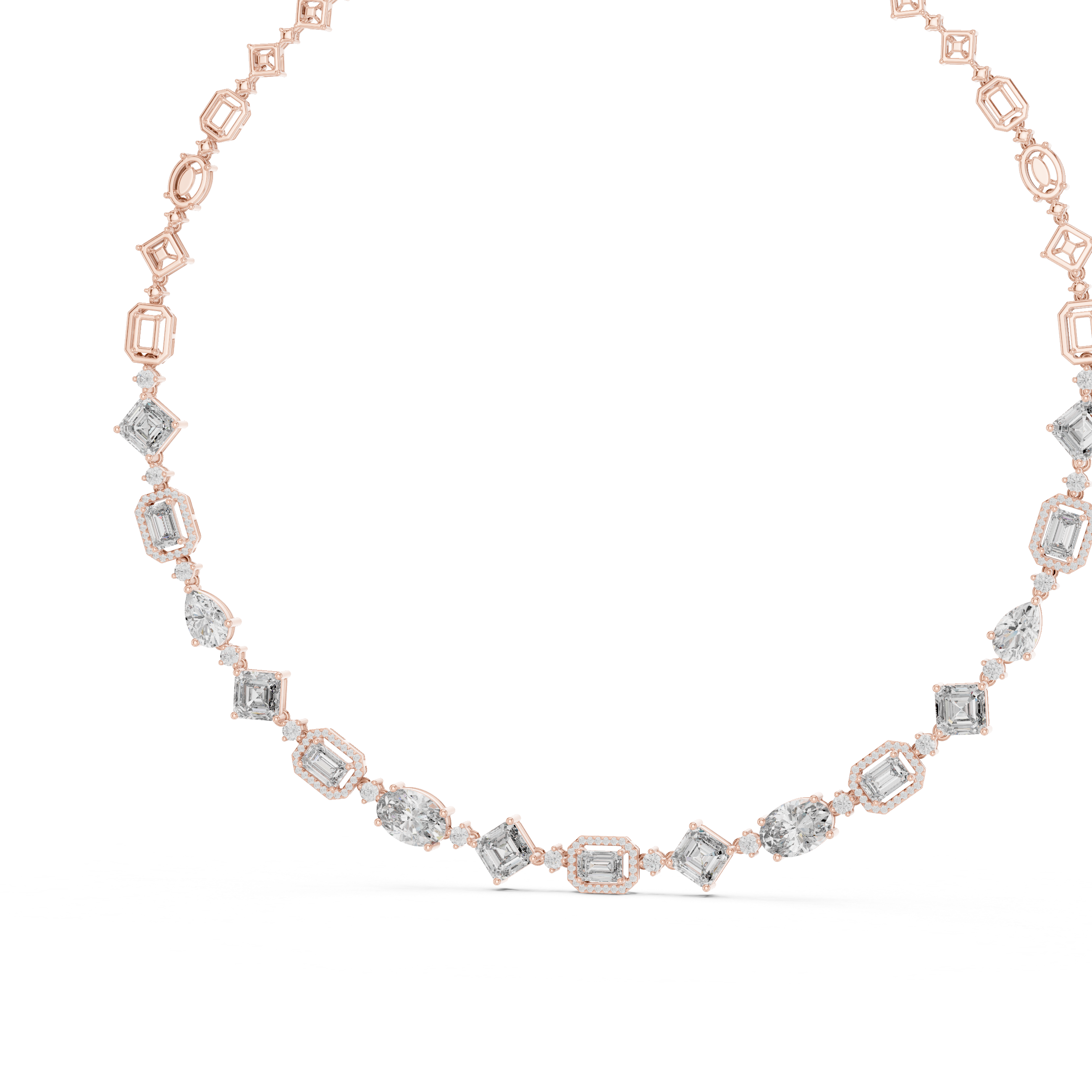 Rose gold diamond necklace close-up of oval and baguette-cut links