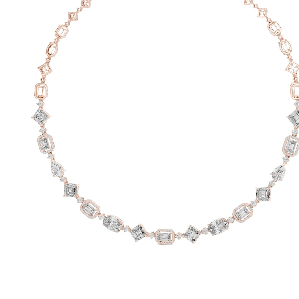 Rose gold diamond necklace close-up of oval and baguette-cut links