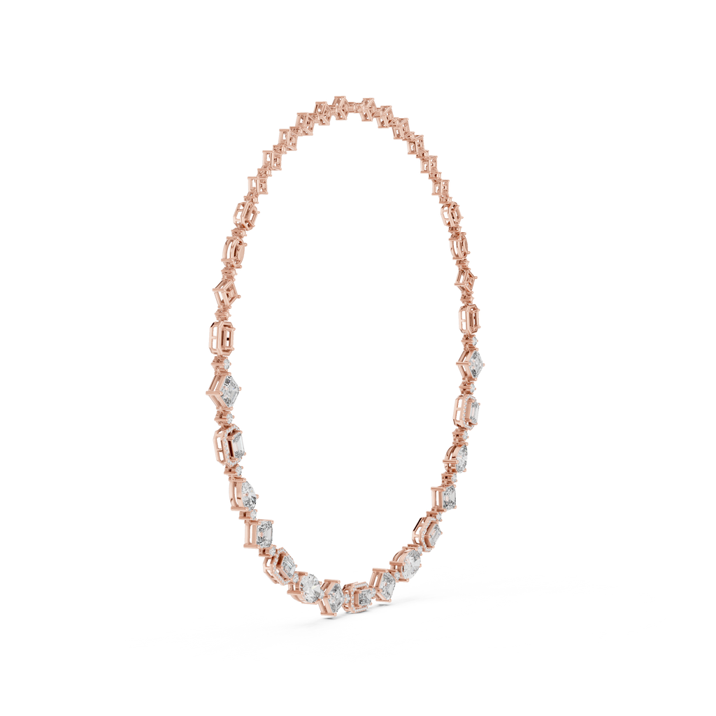 Rose gold diamond necklace with oval and baguette-cut links, open view