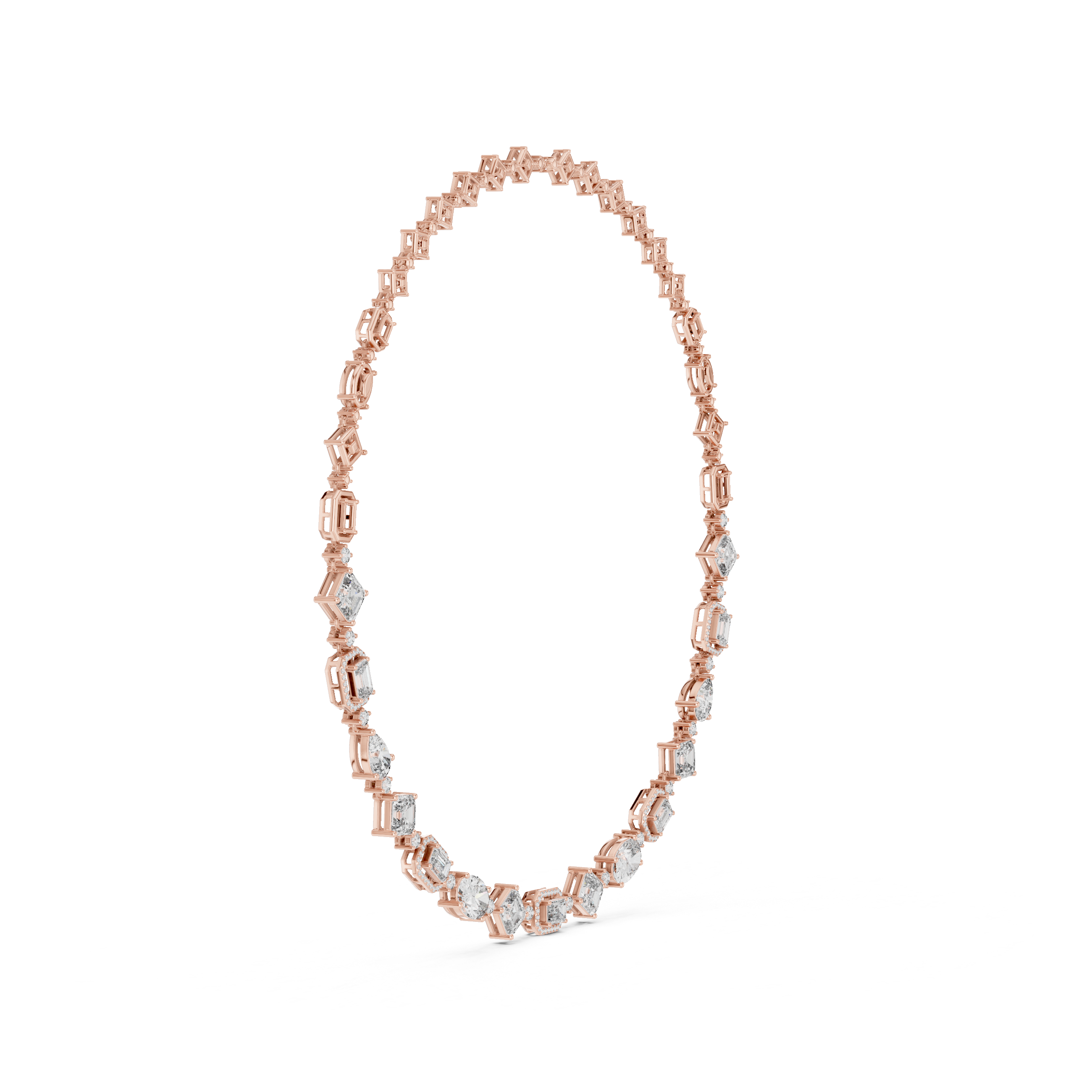 Rose gold diamond necklace with oval and baguette-cut links, open view