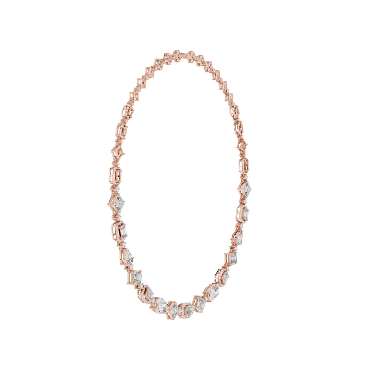 Rose gold diamond necklace with oval and baguette-cut links, open view