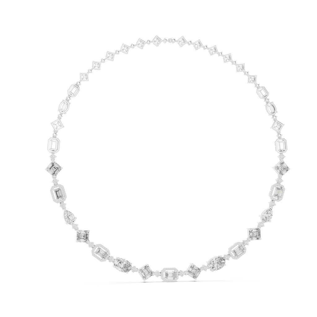 Diamond oval tennis necklace with square-cut stations, white metal