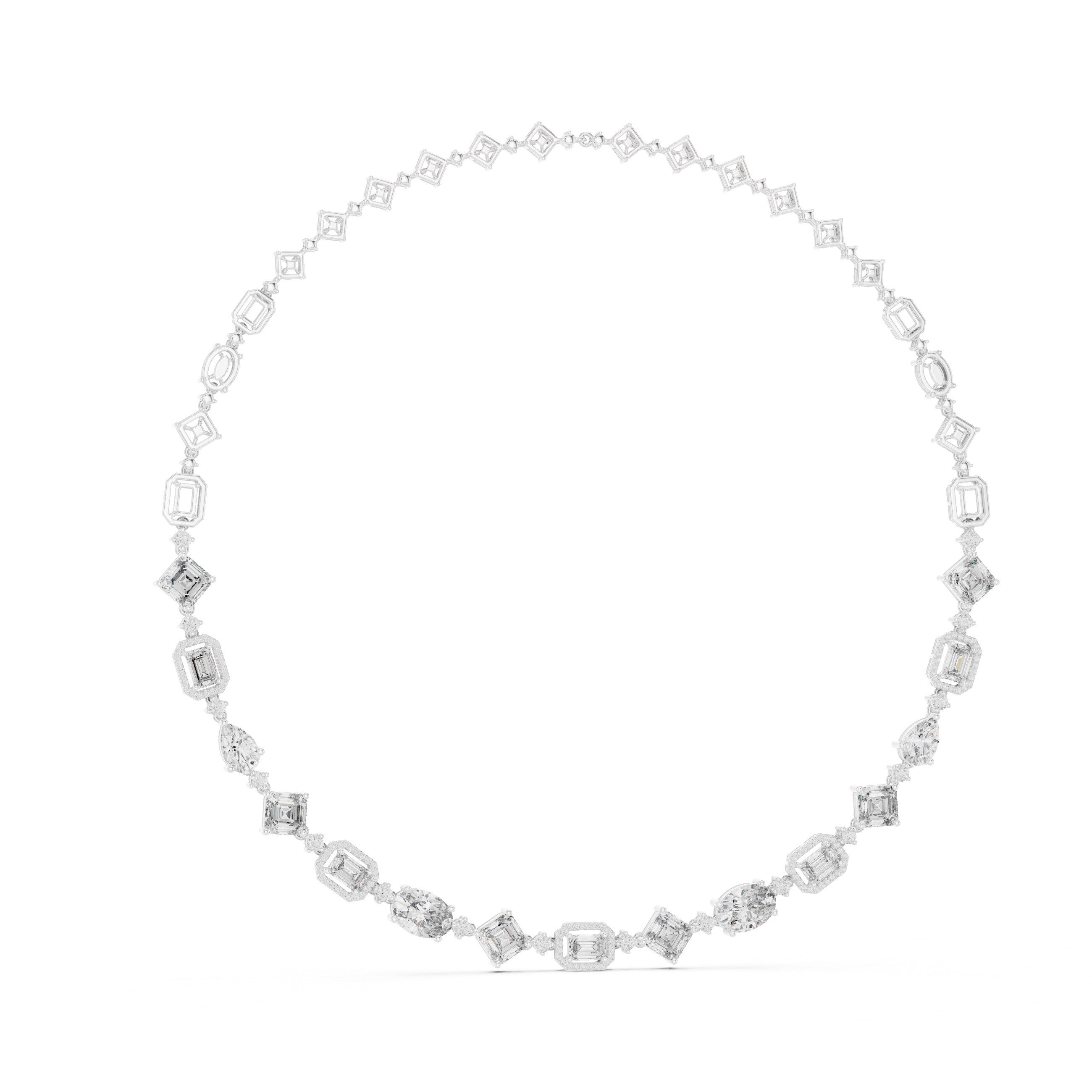 Diamond oval tennis necklace with square-cut stations, white metal