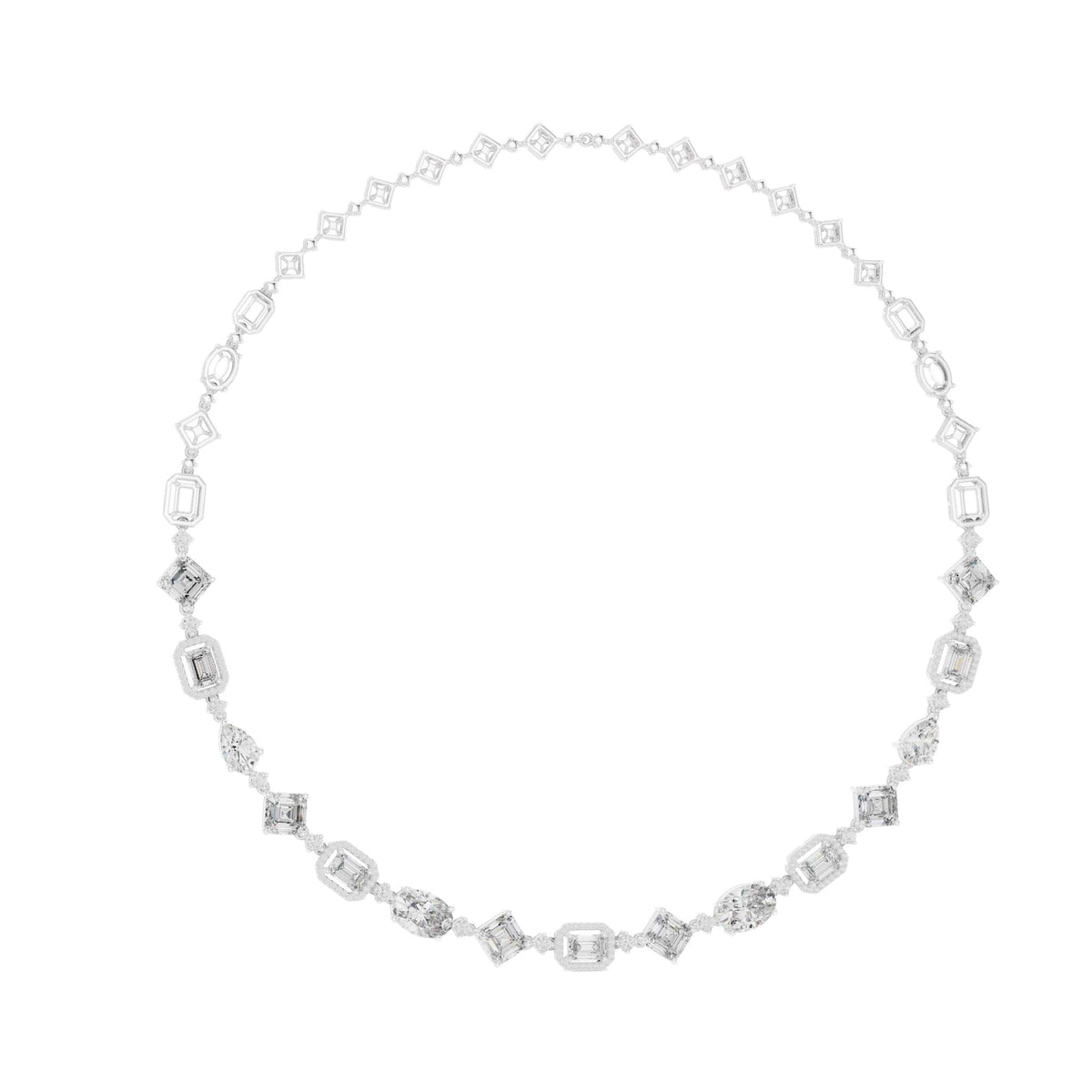 Diamond oval tennis necklace with square-cut stations, white metal