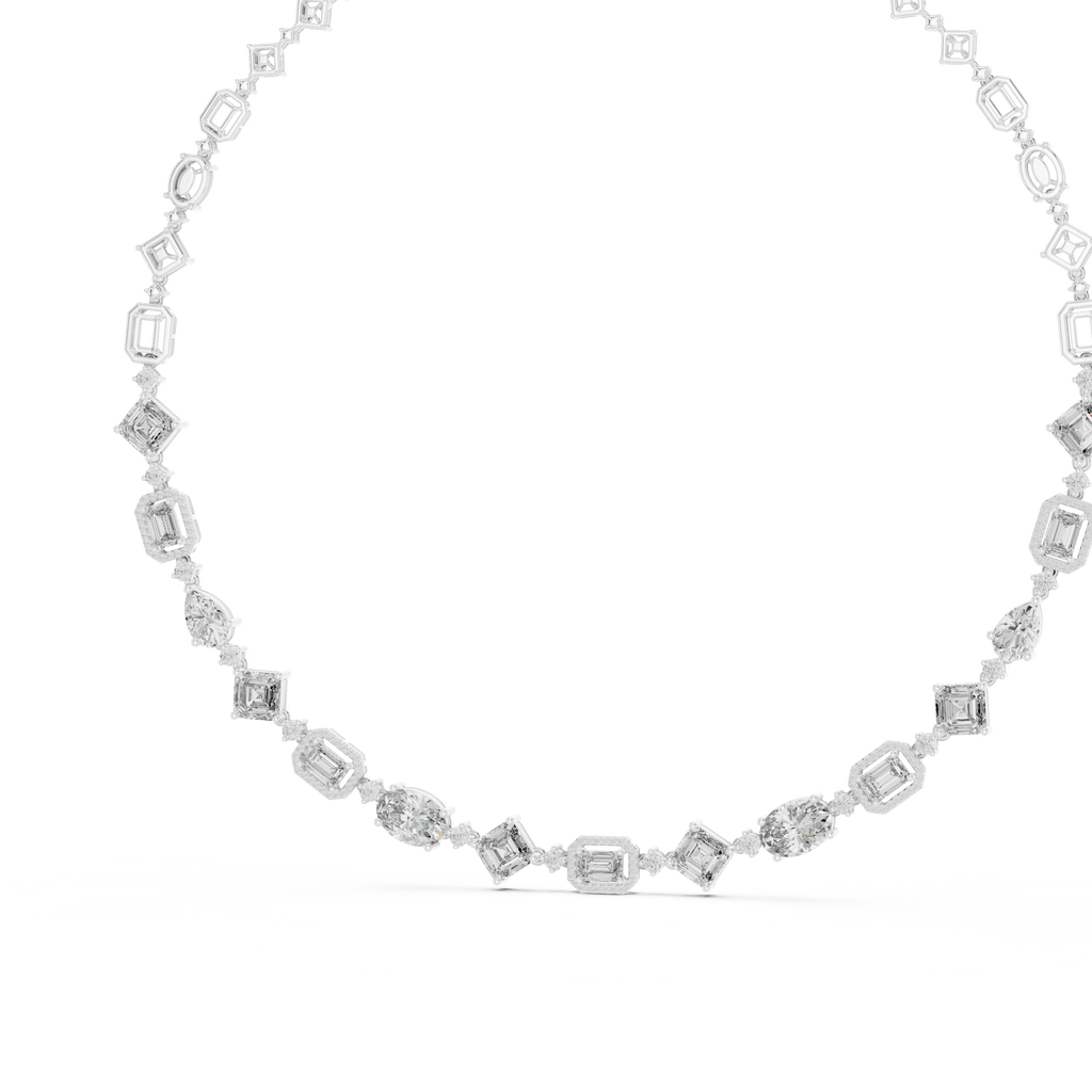 Diamond oval tennis necklace with square-cut stations, full view, white metal