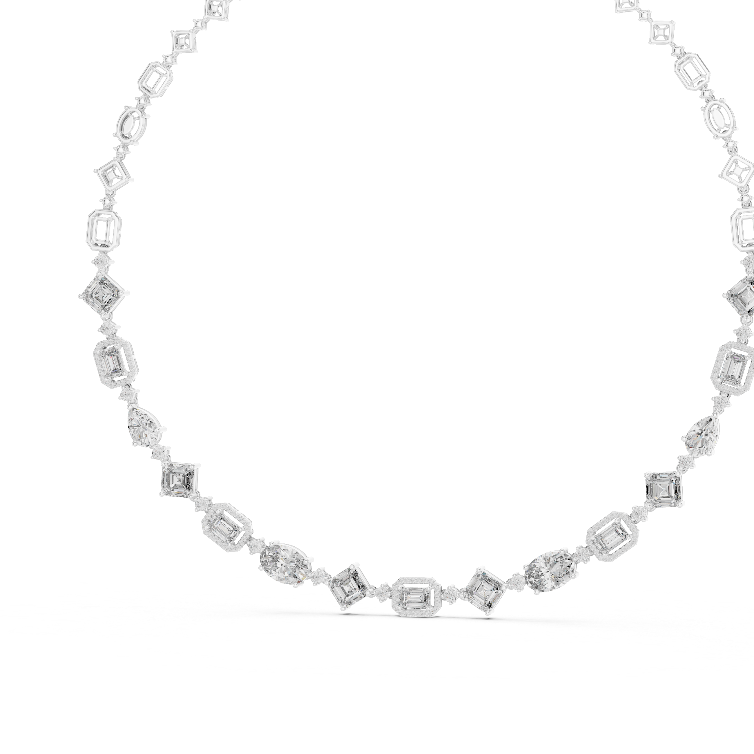 Diamond oval tennis necklace with square-cut stations, full view, white metal