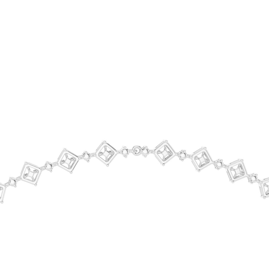 Diamond oval tennis necklace with square-cut stations, close-up, white metal