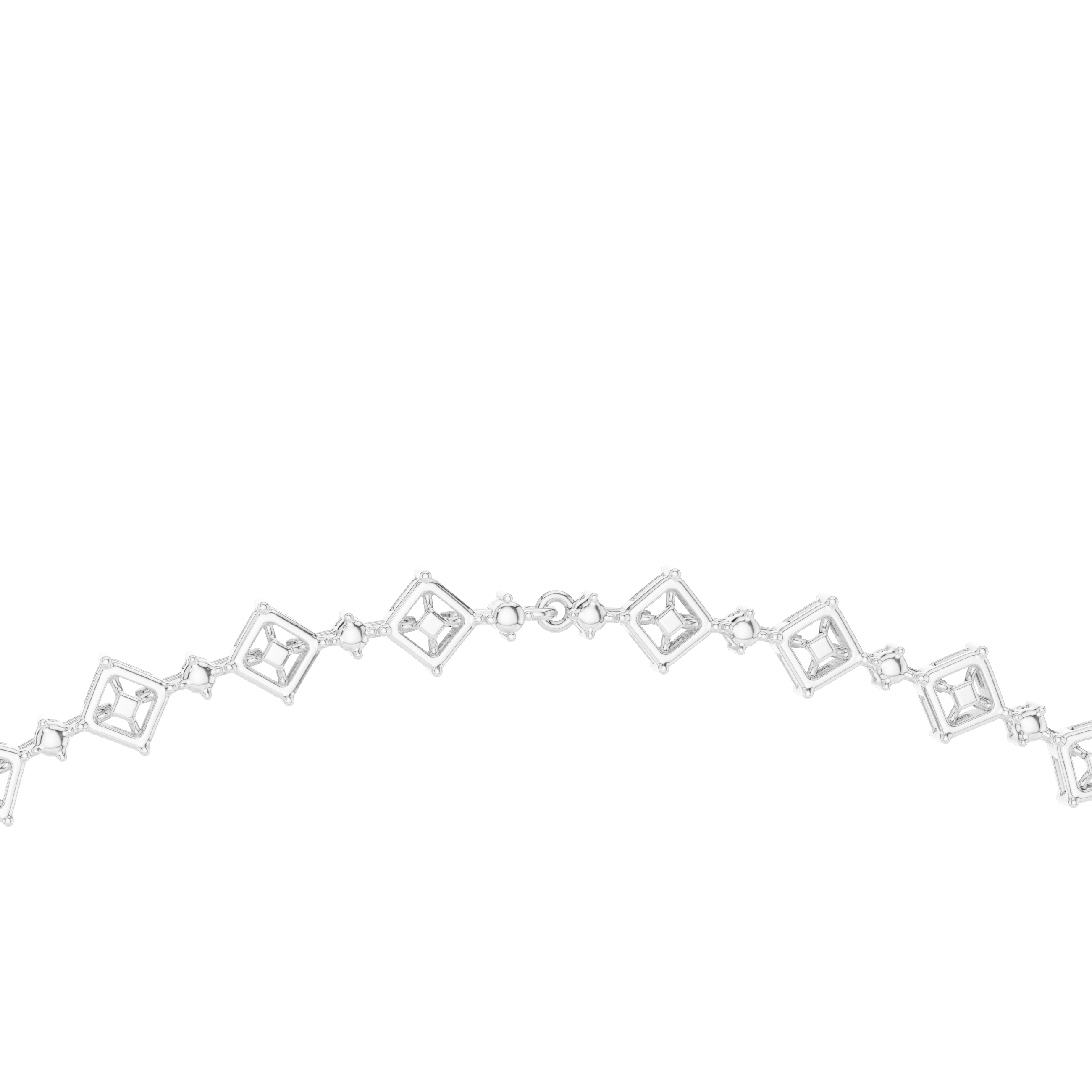 Diamond oval tennis necklace with square-cut stations, close-up, white metal