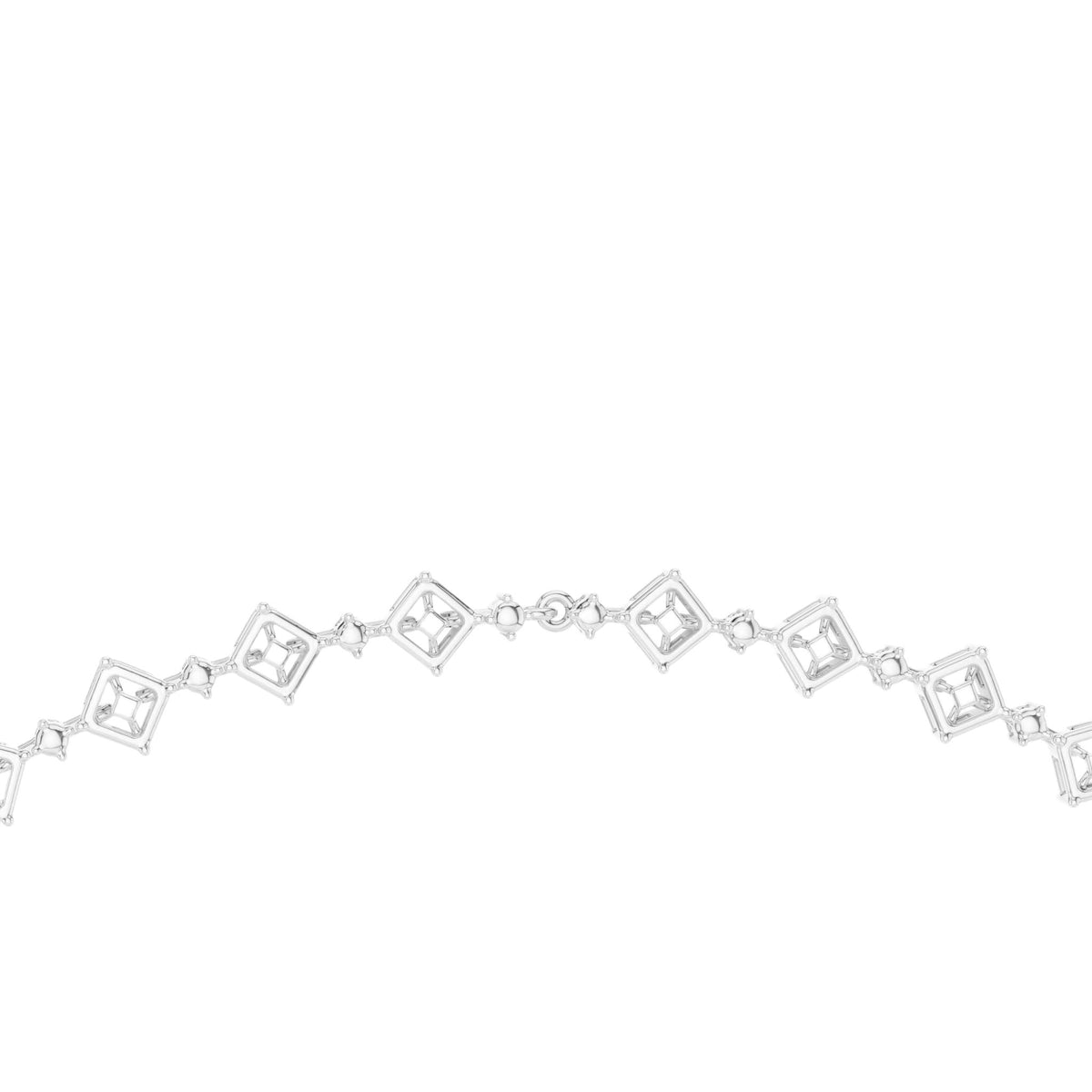Diamond statement necklace close-up with square bezel settings and white-toned stones