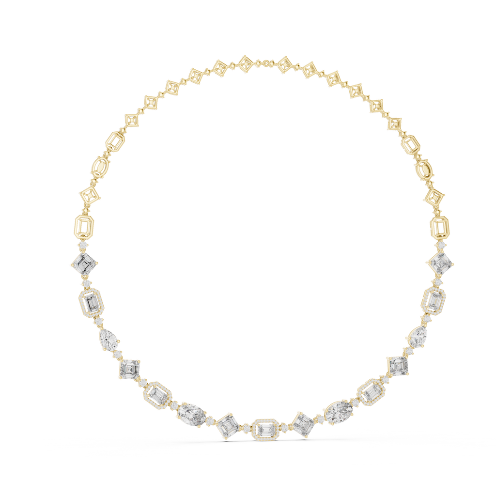 Diamond oval tennis necklace with square-cut stations, yellow gold