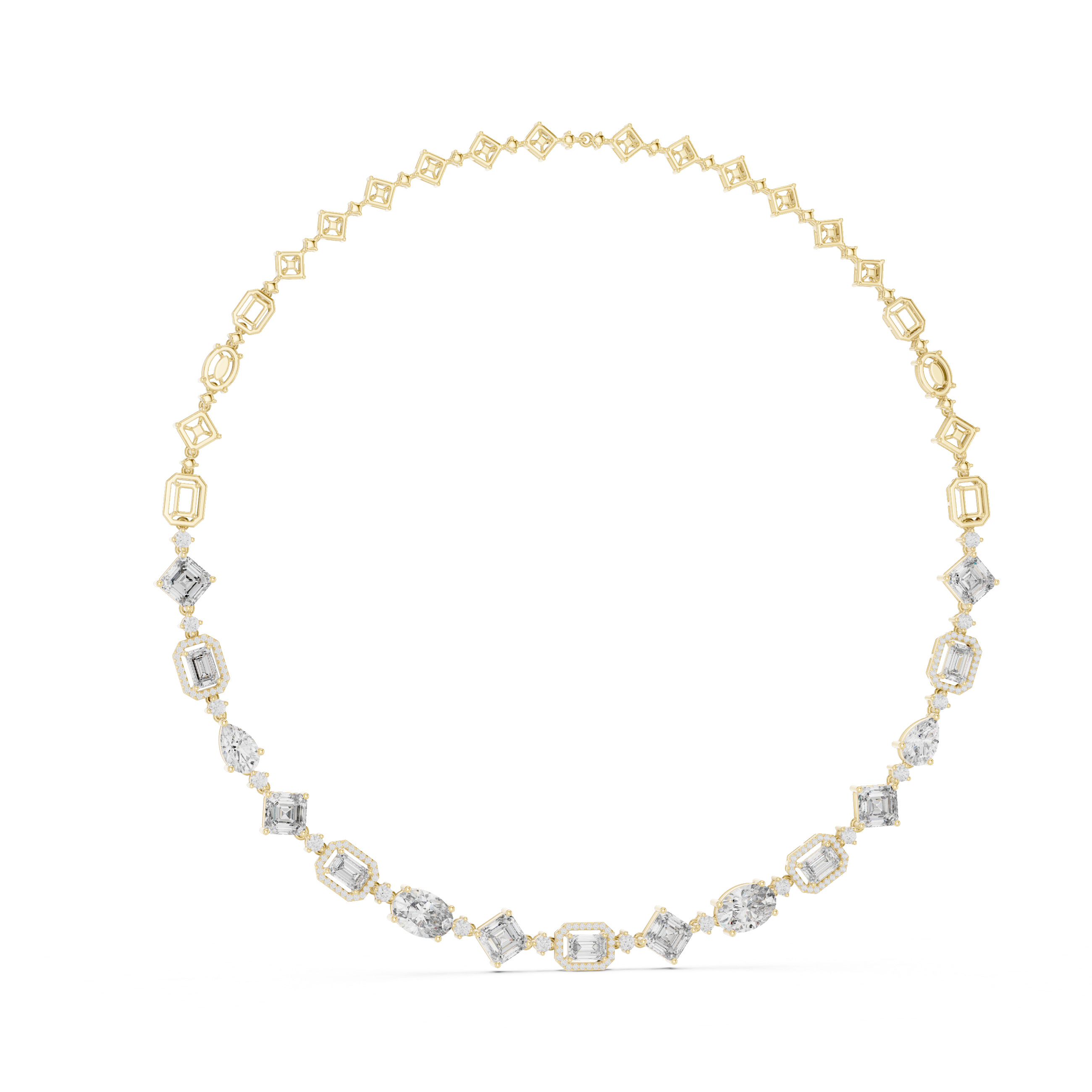 Diamond oval tennis necklace with square-cut stations, yellow gold