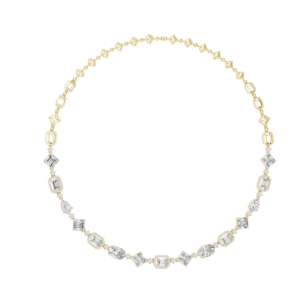 Oval diamond statement necklace in yellow-toned metal with mixed-cut bezel stones