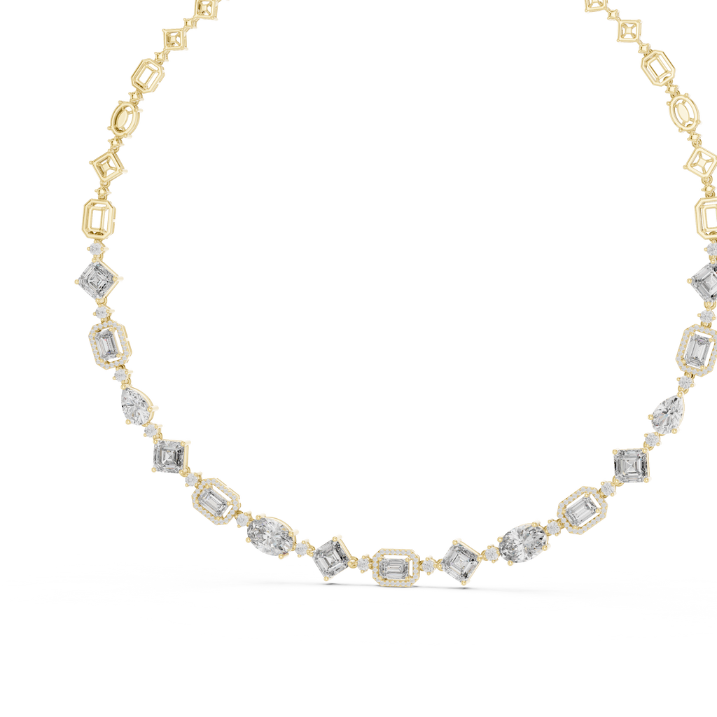 Diamond oval tennis necklace with square-cut stations, full view, yellow gold