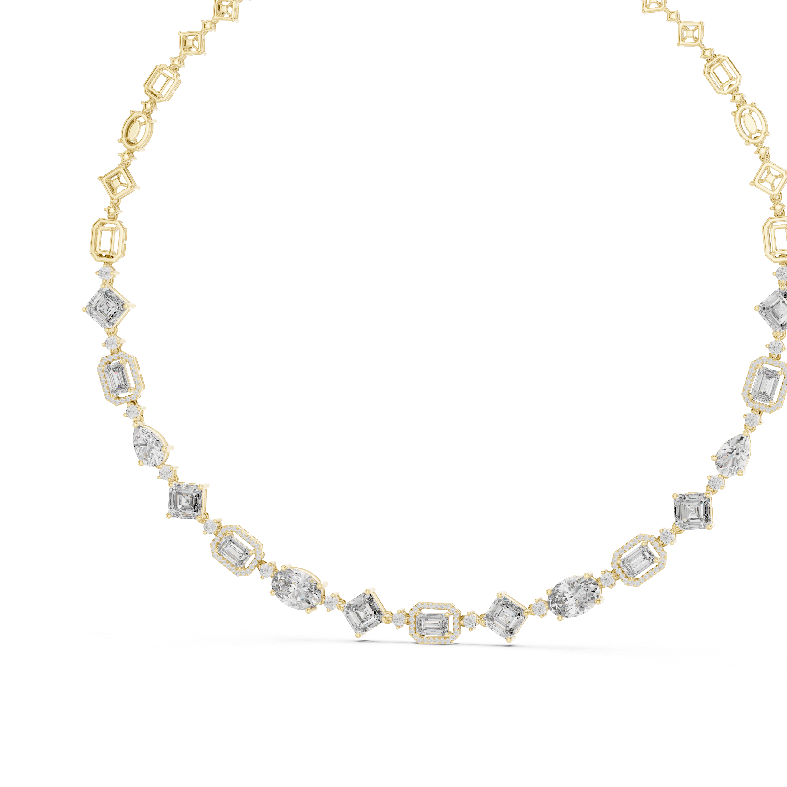 Diamond oval tennis necklace with square-cut stations, full view, yellow gold