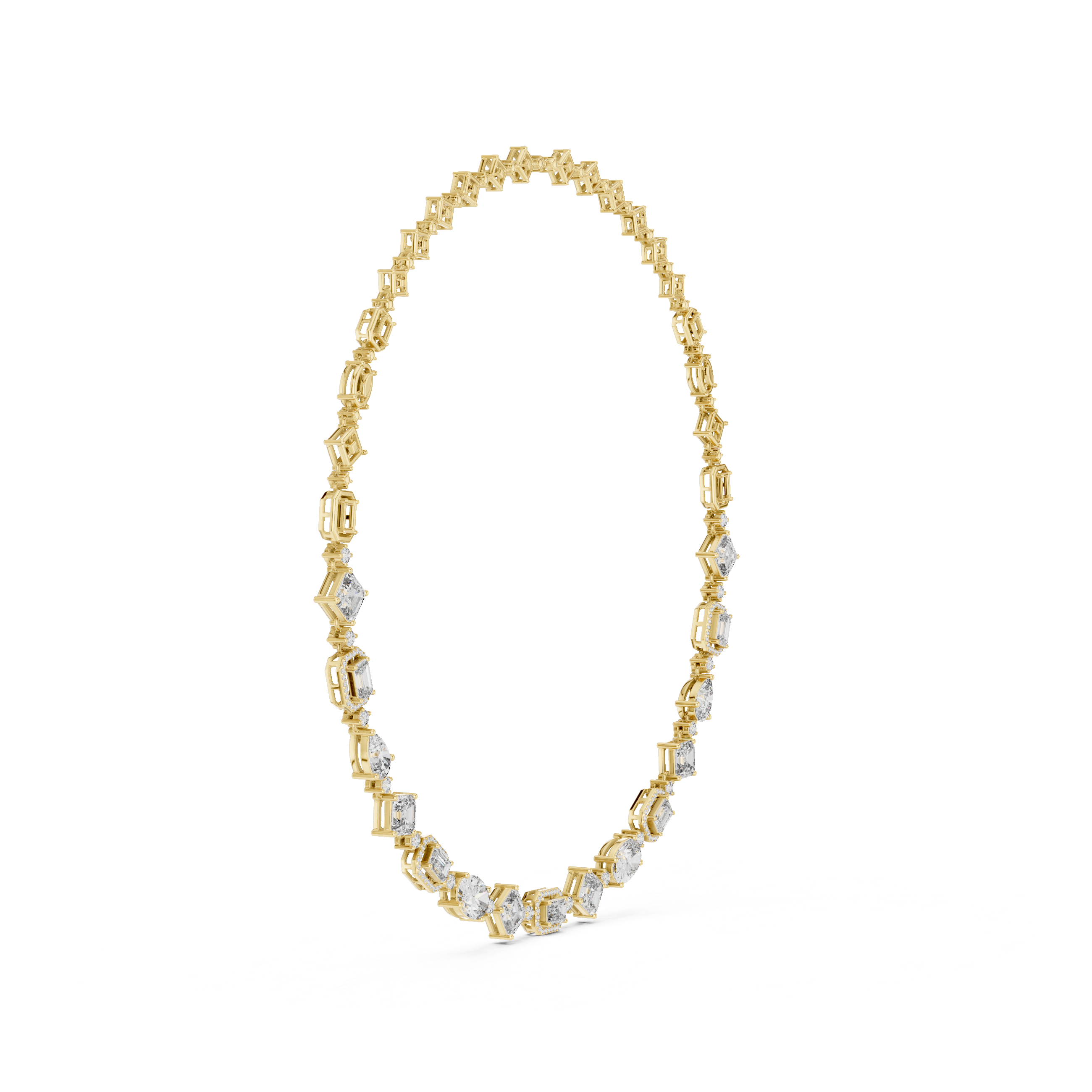 Diamond oval tennis necklace with oval links, yellow gold