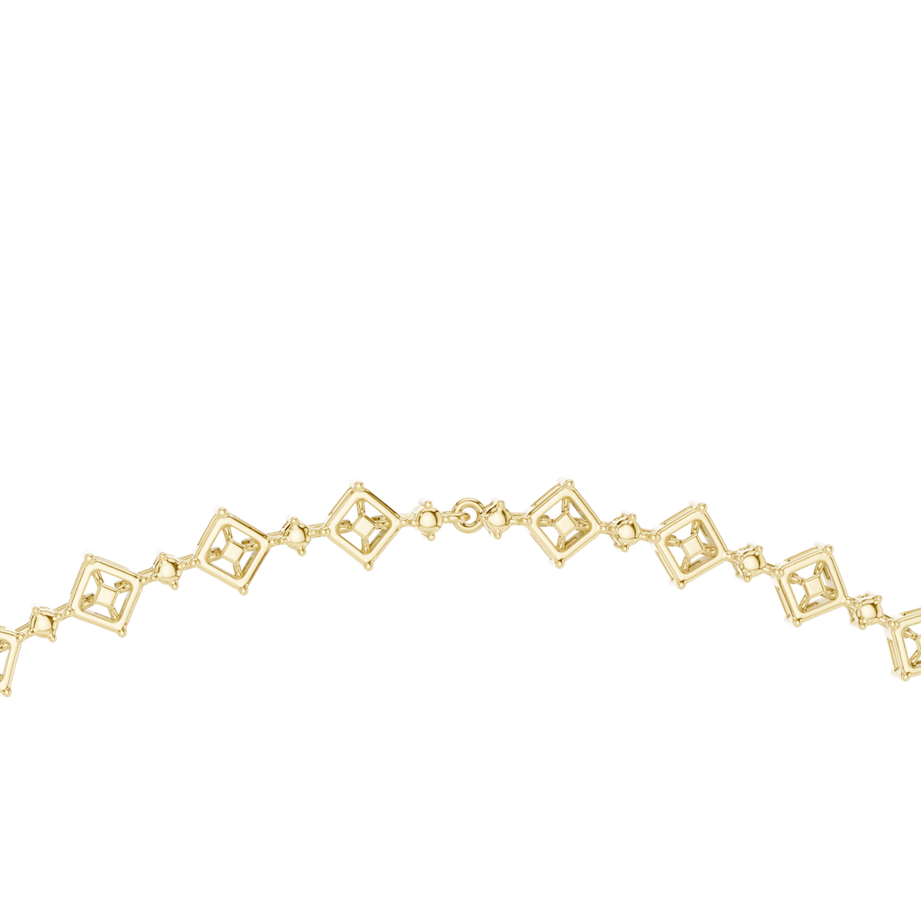 Diamond oval tennis necklace with square-cut stations, close-up, yellow gold