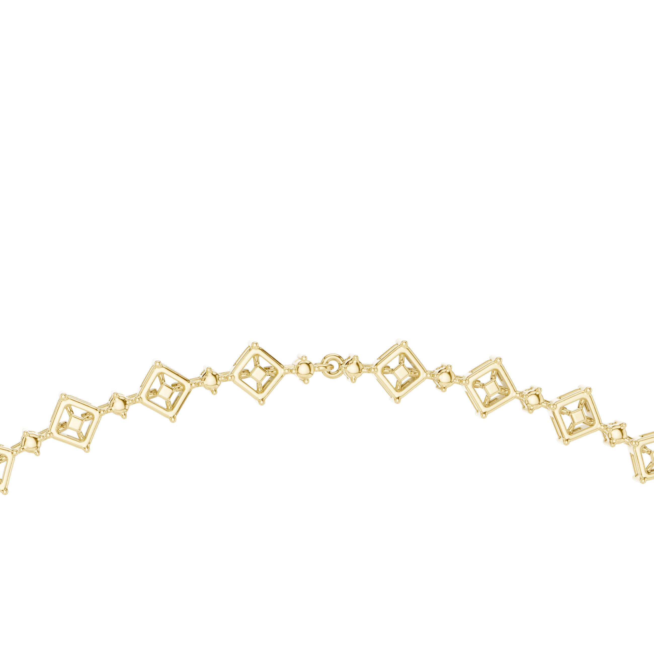 Diamond oval tennis necklace with square-cut stations, close-up, yellow gold