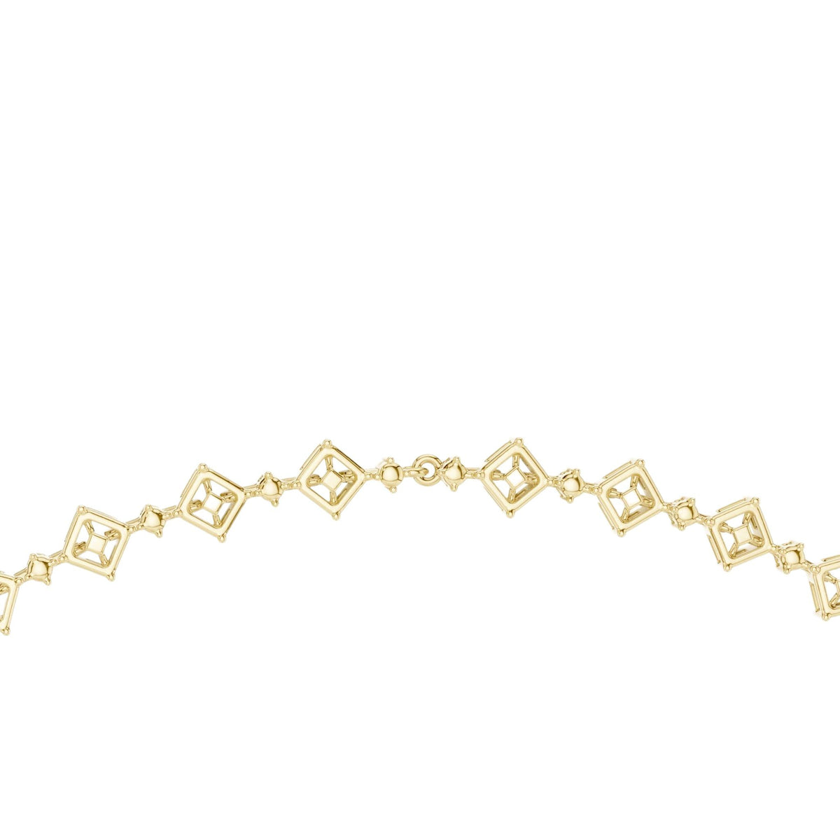 Diamond statement necklace close-up with square bezels in yellow-toned metal