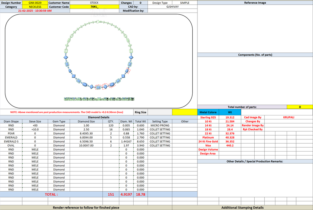 Jewelry design specification sheet with necklace preview on screen