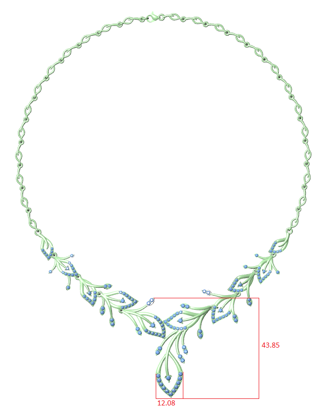 Green metal diamond necklace with blue accent stones and V-shaped floral drops