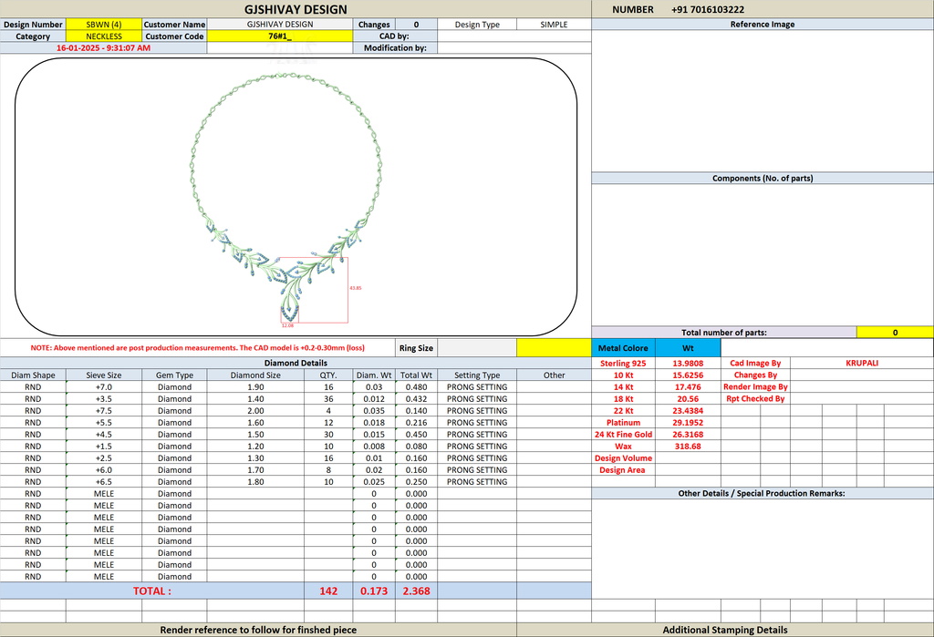 Necklace design specification worksheet with diamond and metal details
