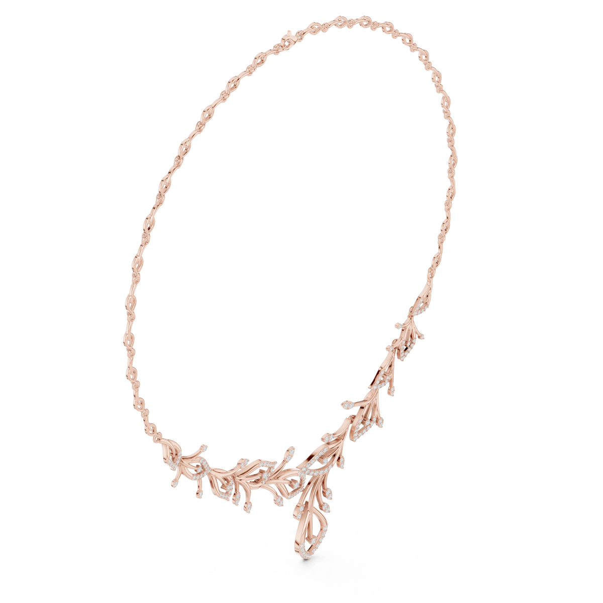 Rose gold diamond floral V-necklace with teardrop and round stones, pendant drop