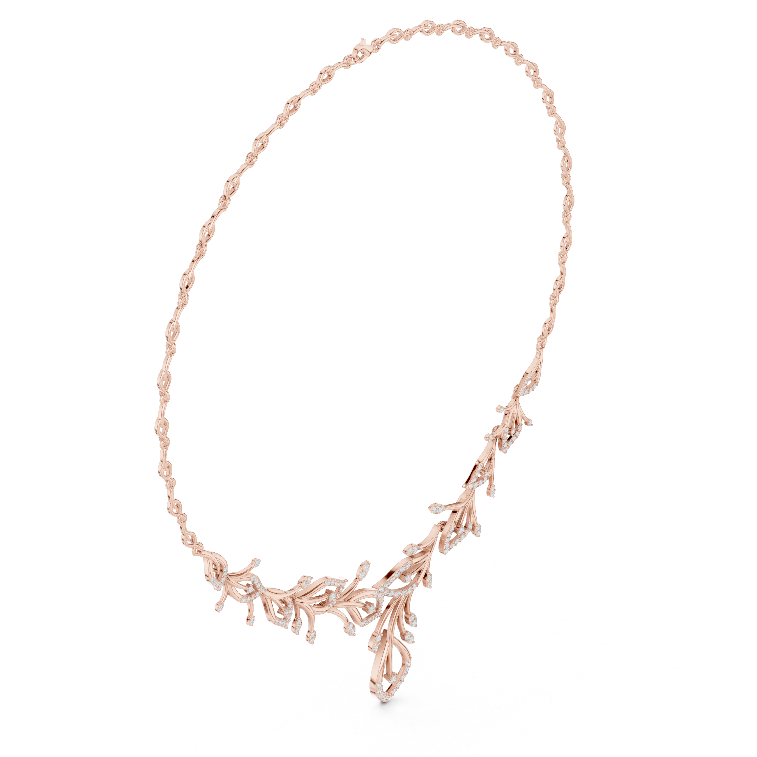 Rose gold diamond floral V-necklace with teardrop and round stones, pendant drop