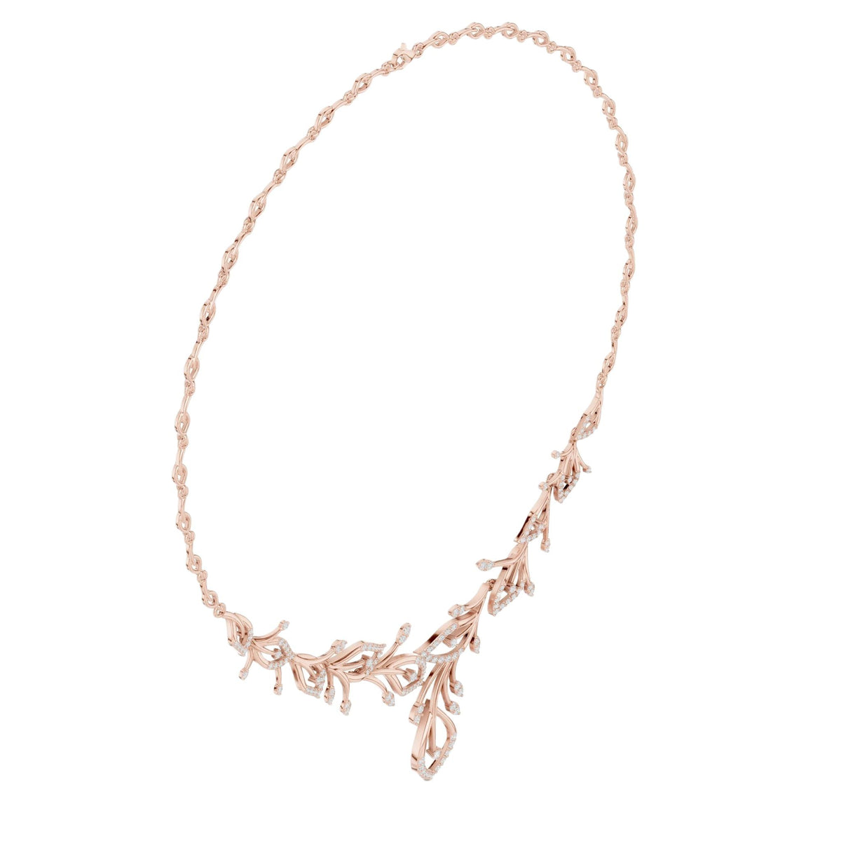 Rose gold diamond floral V-necklace with teardrop and round stones, pendant drop