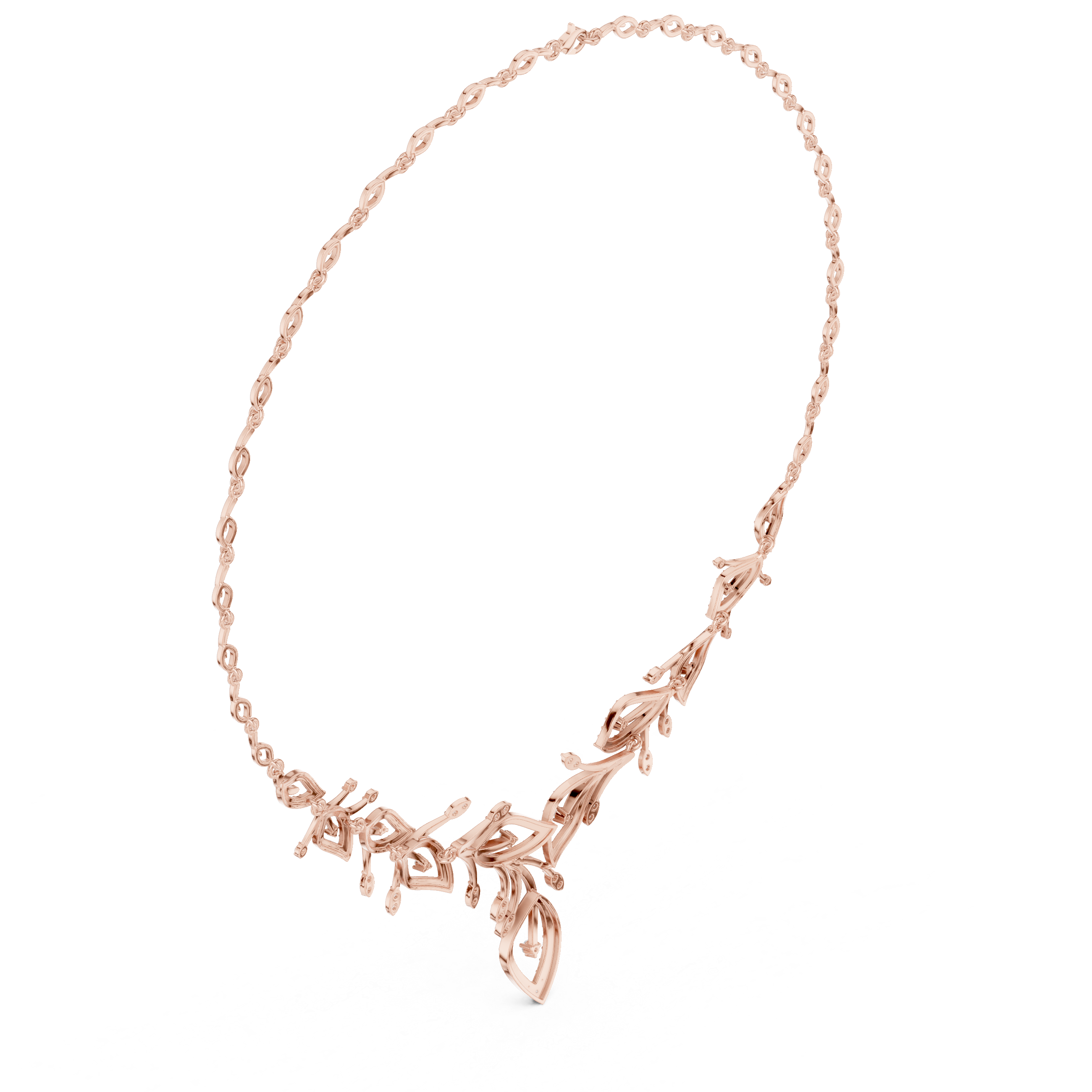 Rose gold floral diamond V-necklace with teardrop stones and central marquise drop