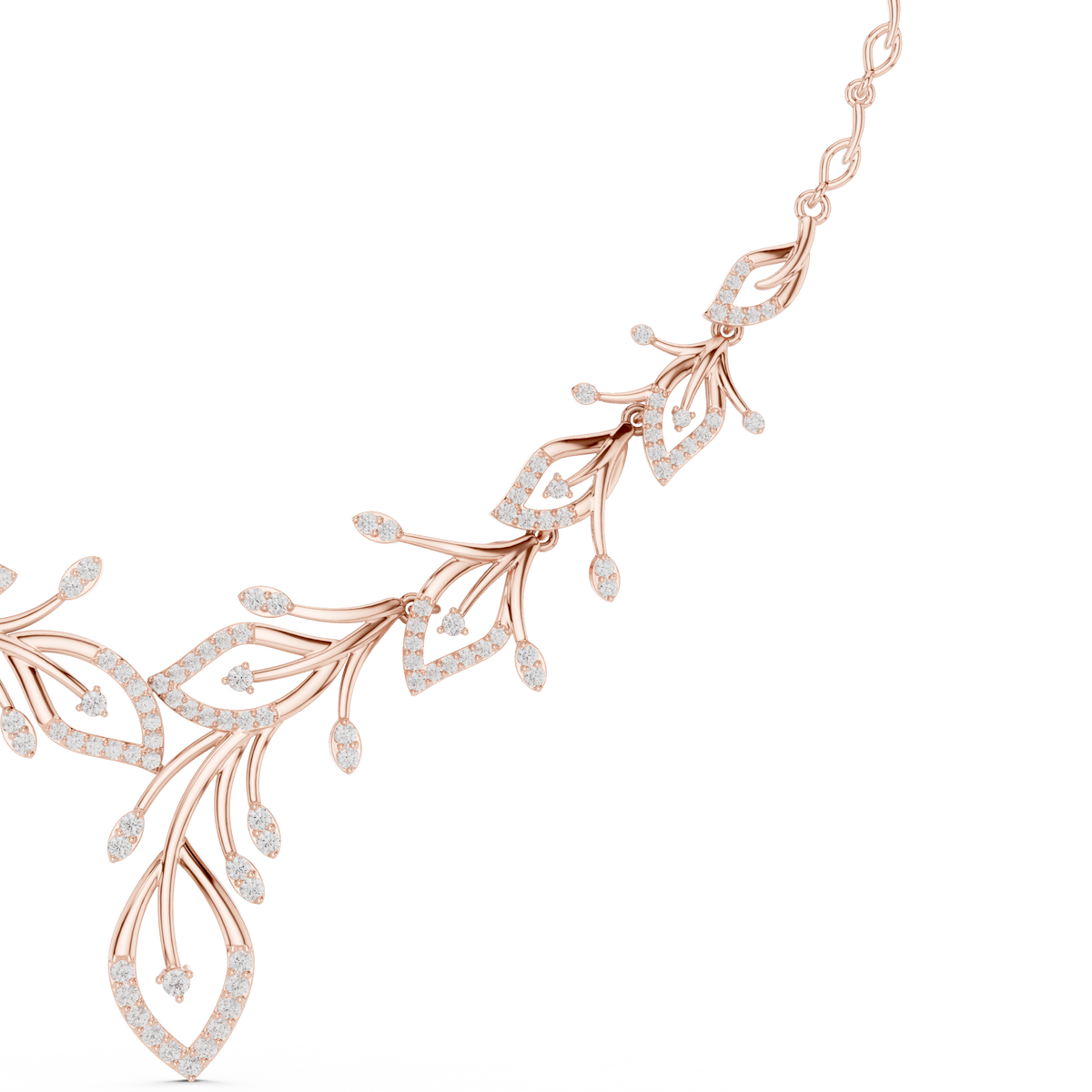 Rose gold diamond floral necklace detail with V-shaped cluster and dangling stones