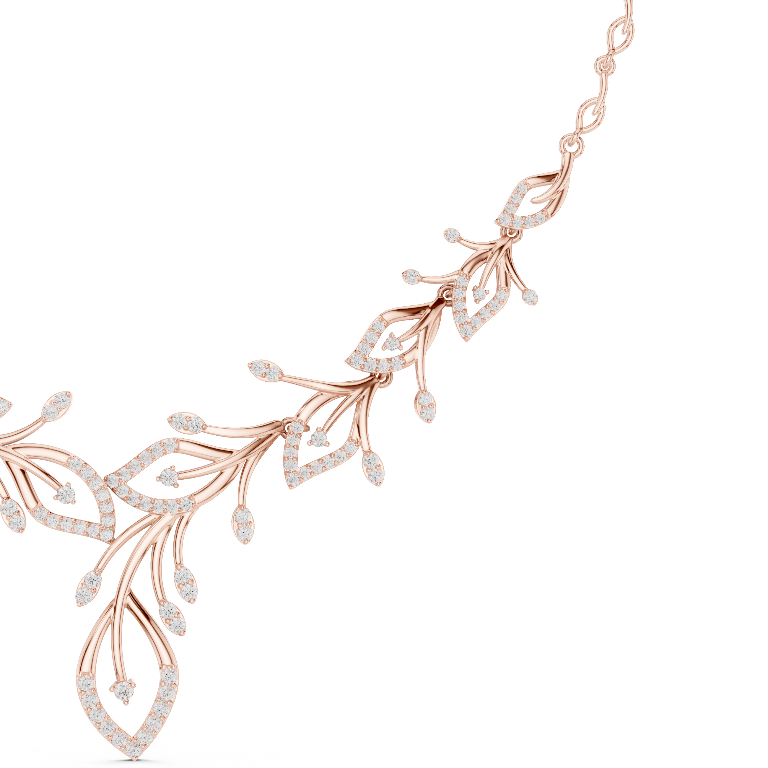 Rose gold diamond floral necklace detail with V-shaped cluster and dangling stones