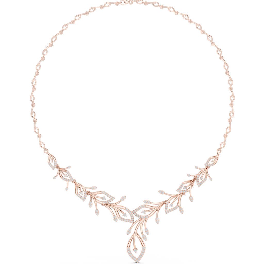 Rose gold diamond floral V-necklace with teardrop and round stones, central drop