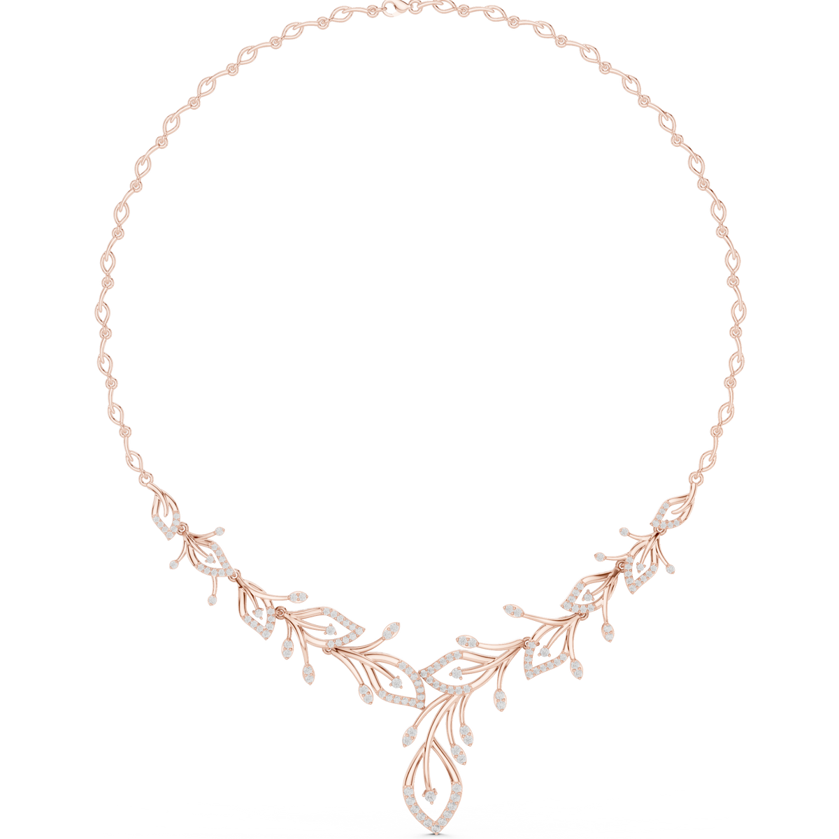 Rose gold diamond floral V-necklace with teardrop and round stones, central drop