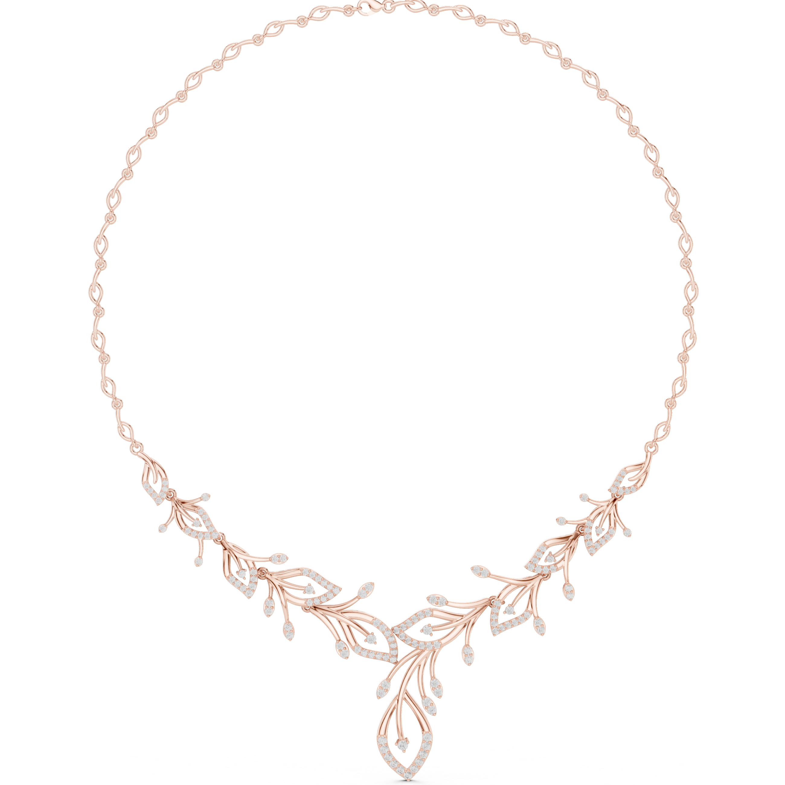 Rose gold diamond floral V-necklace with teardrop and round stones, central drop