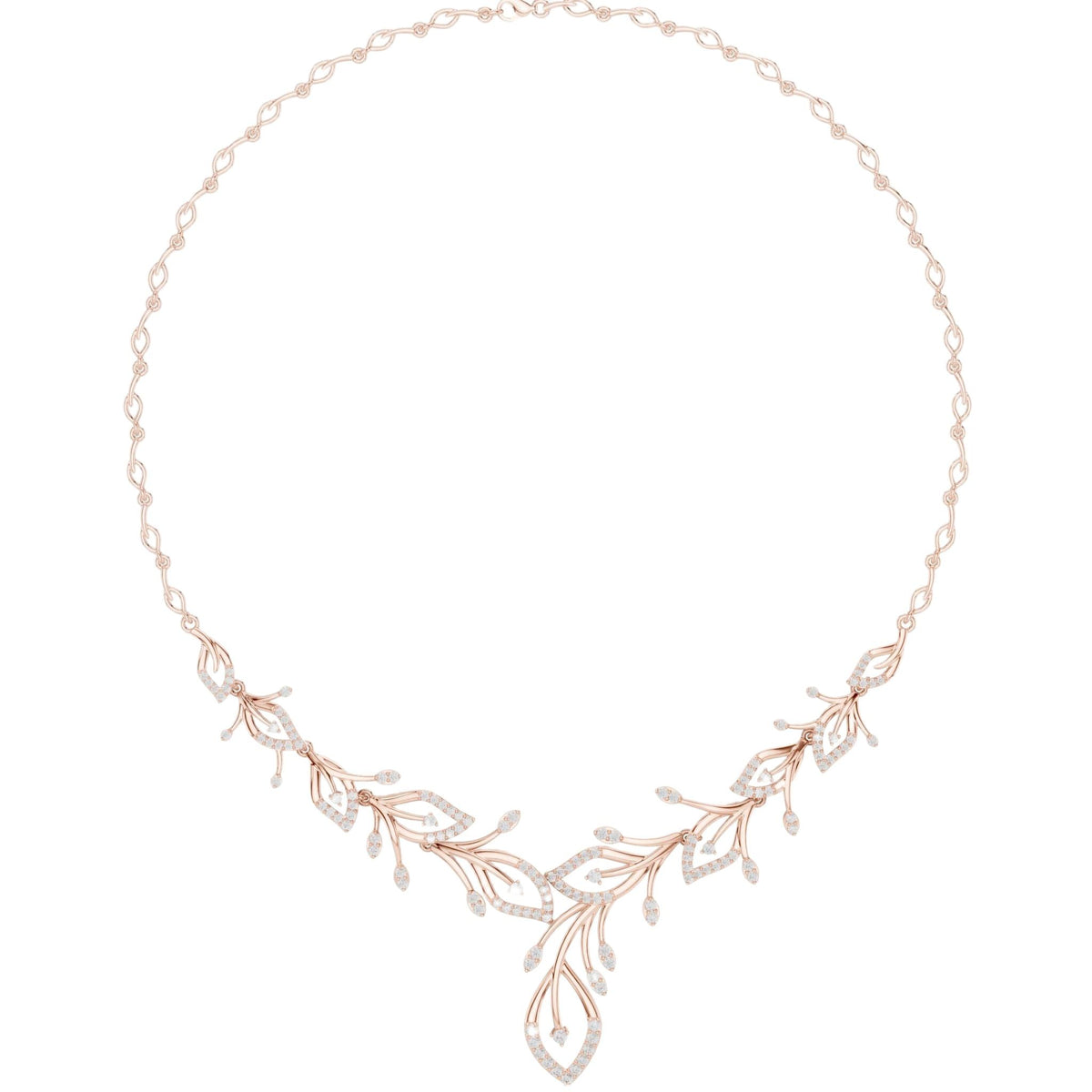 Rose gold diamond floral V-necklace with teardrop and round stones, central drop
