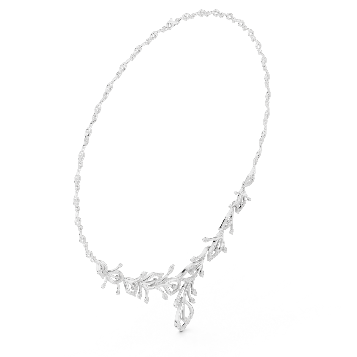 White gold diamond floral V-necklace with teardrop and round stones, central drop