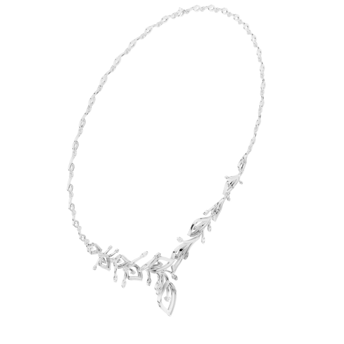 V-shape round diamond floral necklace with pear-drop motifs, white metal.