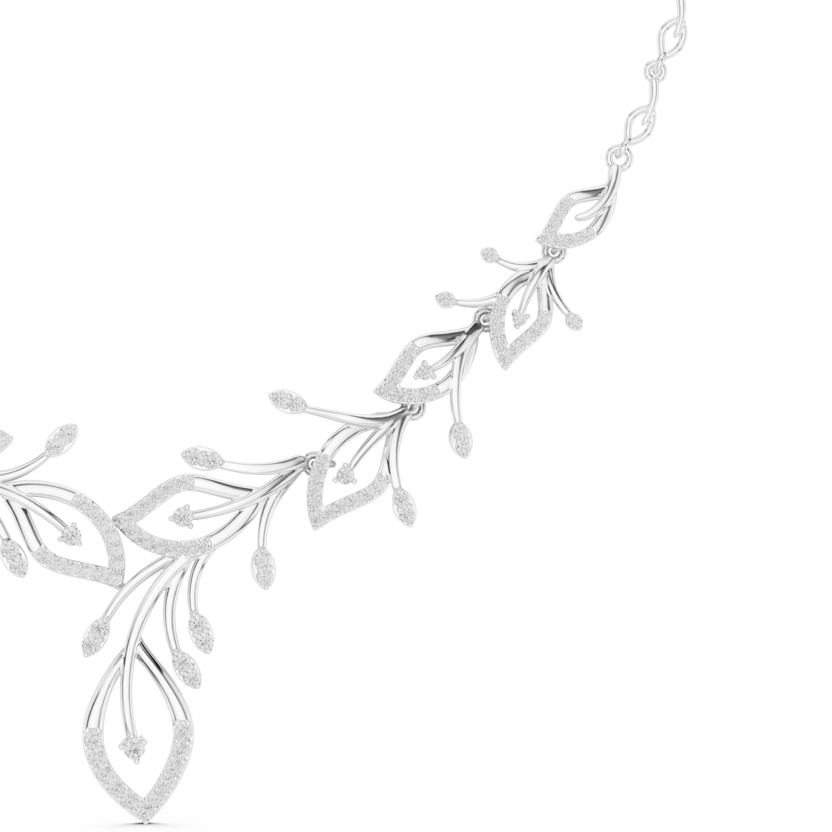 Floral V-shape diamond necklace detail with leaf-and-teardrop motifs, white metal.