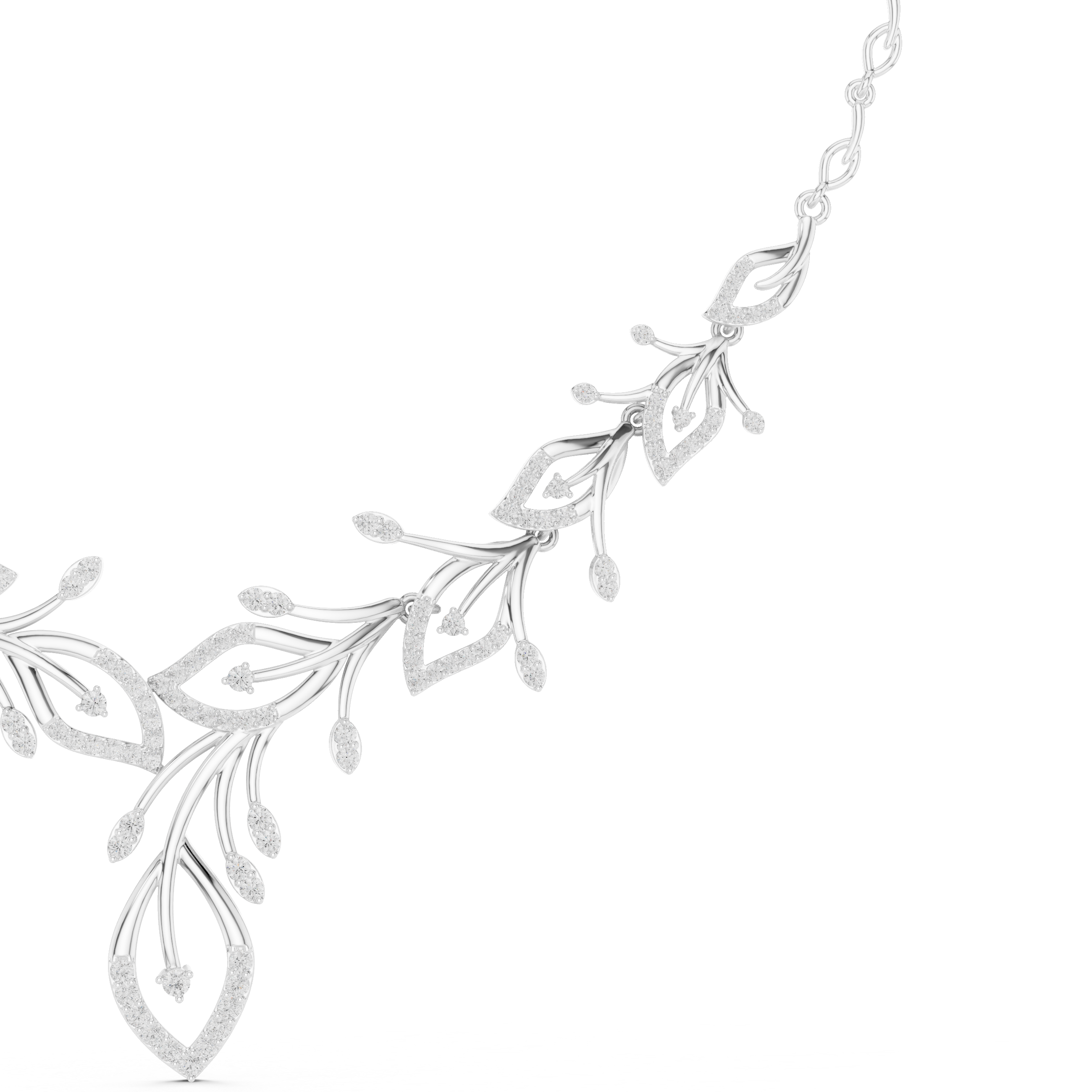 Diamond floral V-shaped necklace close-up, silver-tone leaf and teardrop motifs