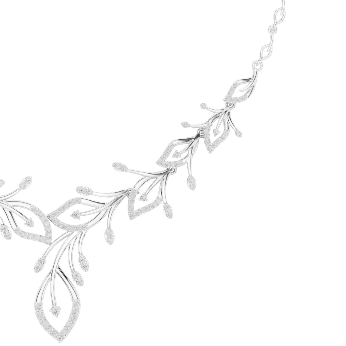 Floral V-shape diamond necklace detail with leaf-and-teardrop motifs, white metal.