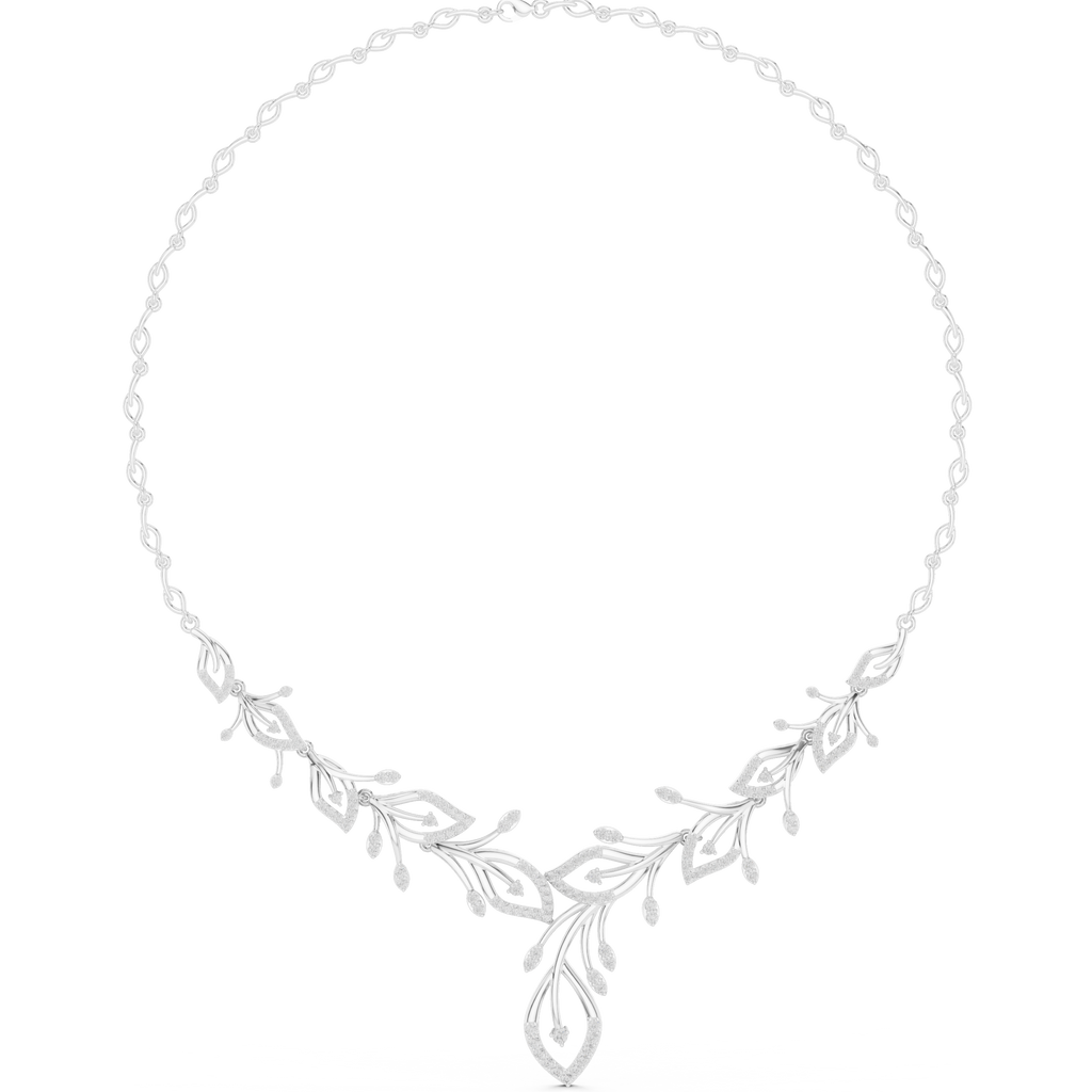 Diamond floral V-shaped necklace, silver-tone setting with round stones along the curve