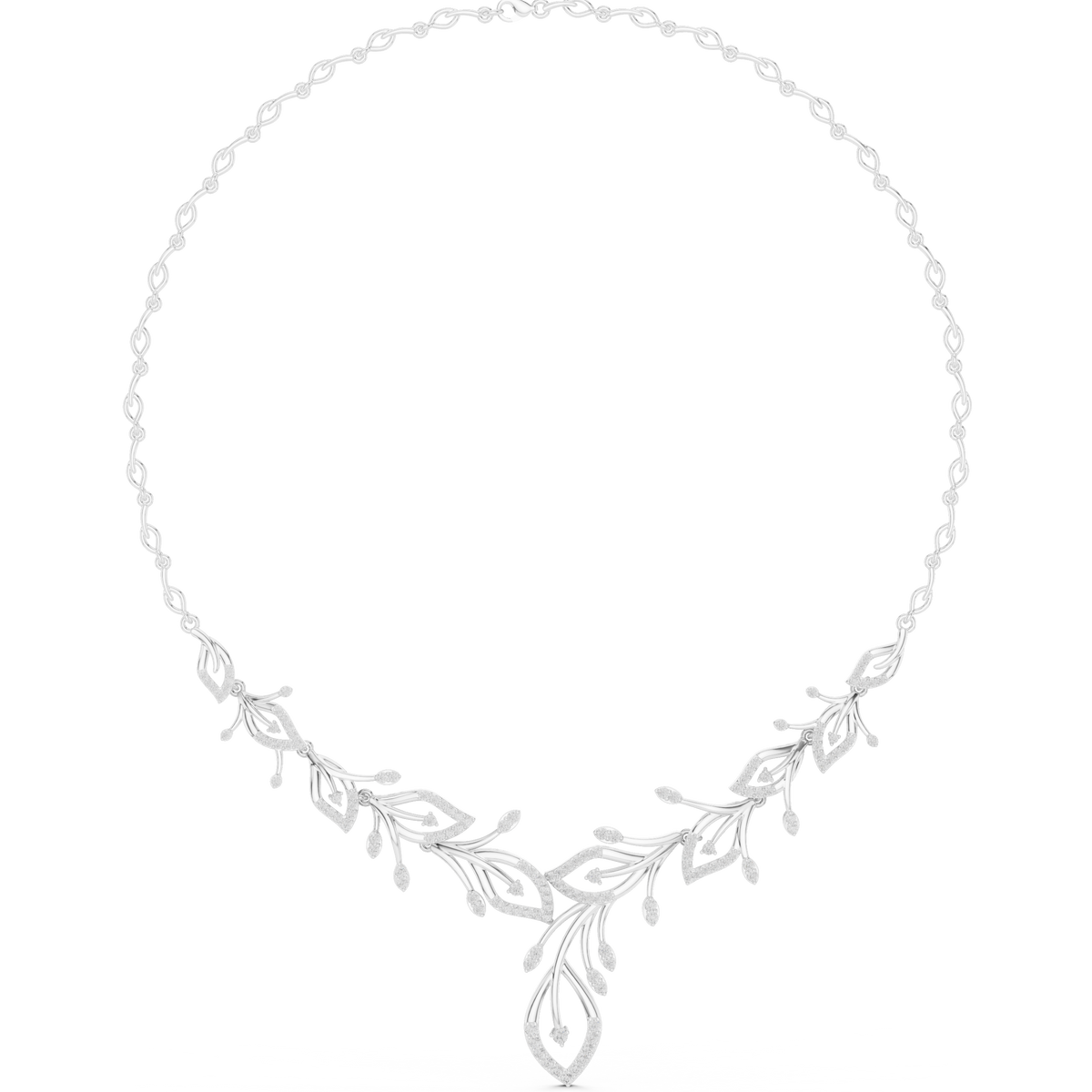 V-shape round diamond floral necklace with teardrop accents, white metal chain.