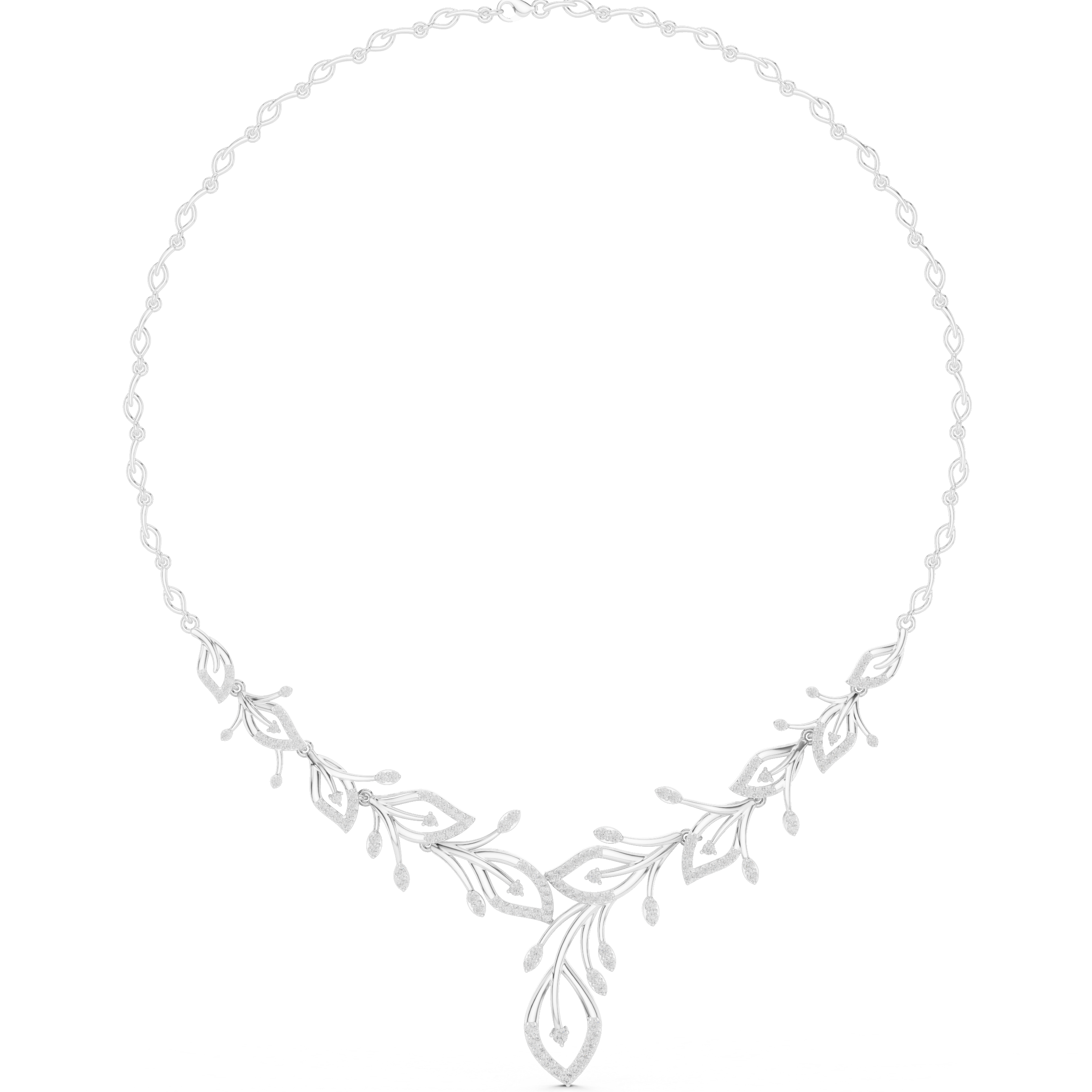 Diamond floral V-shaped necklace, silver-tone setting with round stones along the curve