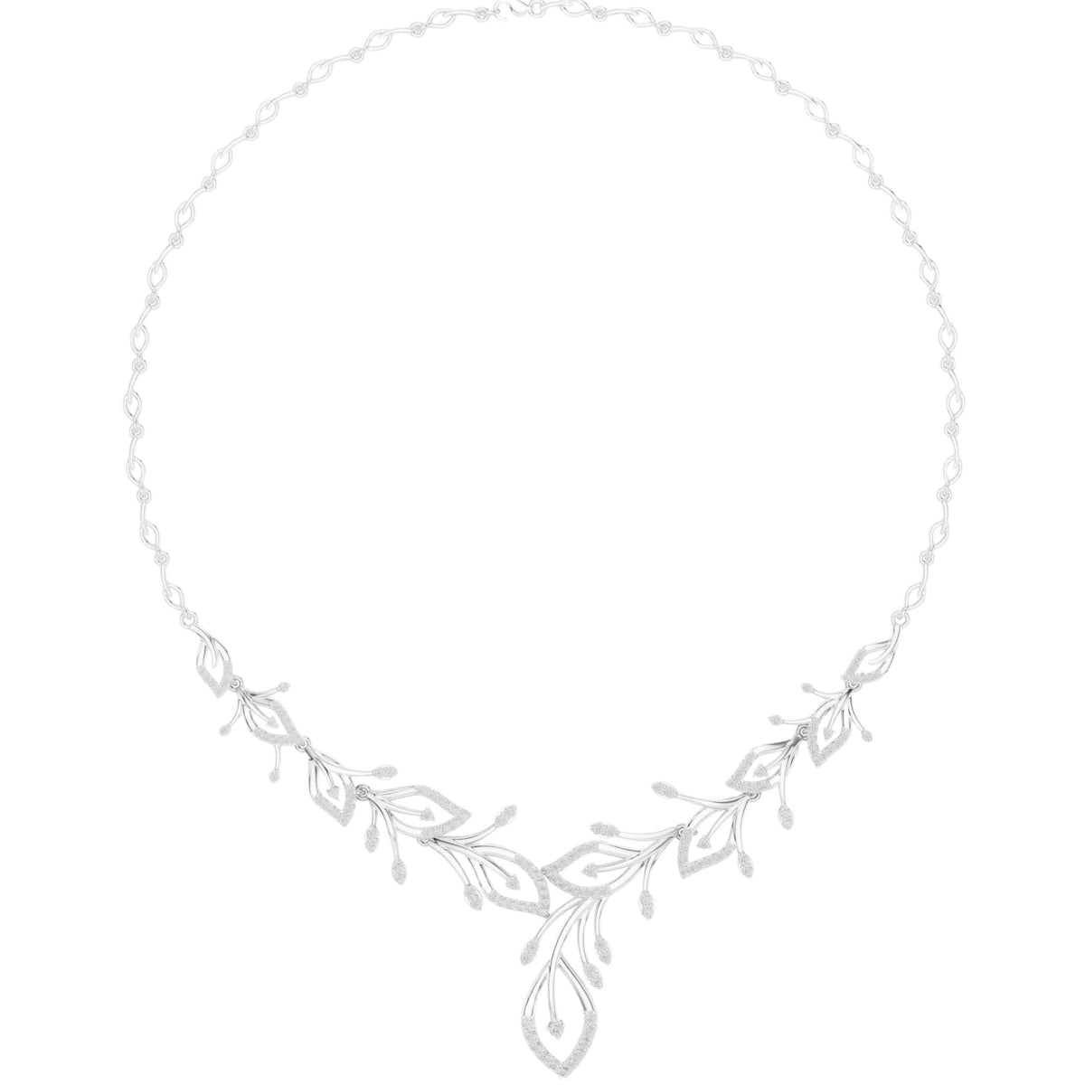 V-shape round diamond floral necklace with teardrop accents, white metal chain.
