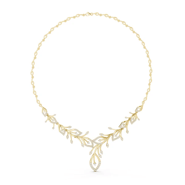 Yellow gold diamond floral V-necklace with teardrop and round stones