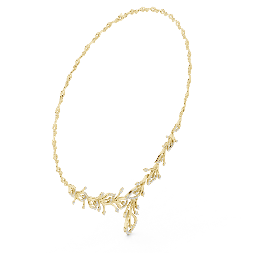 Diamond floral V-shaped necklace with round stones, gold-tone chain and V-shaped pendant